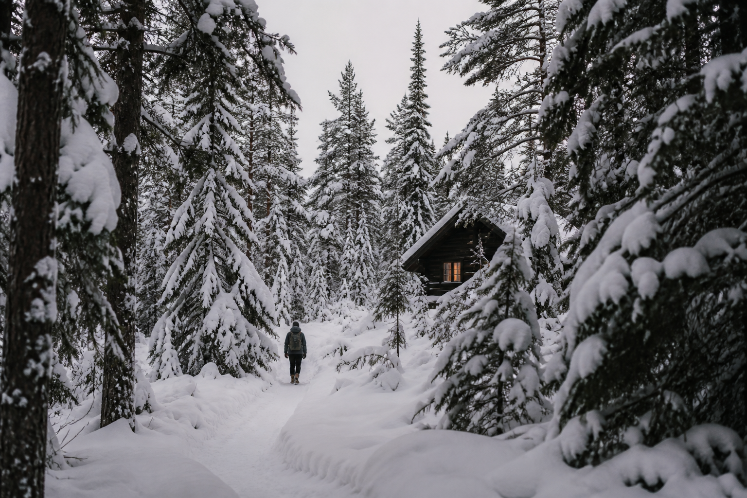 A traveller walking through a deep snow-covered northern forest
