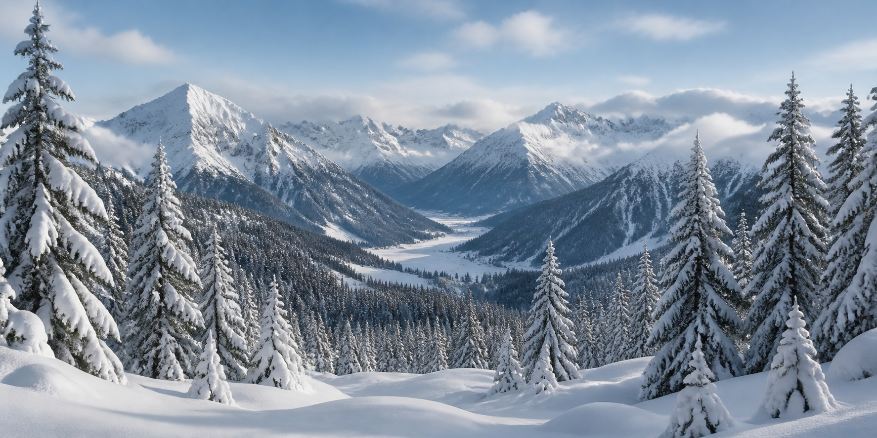 Deep snow across a conifer forest and mountain basin
